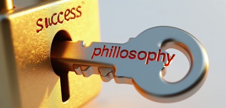 Key with word philosophy inserted in lock labeled success. Concept of intellectual thought opening paths to achievement, prosperity. Strategic thinking leads to business wins. Academic idea unlocks