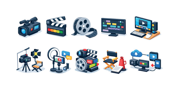 Collection of modern video production and filmmaking equipment icons