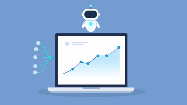 Clean animated video of an AI robot hovering above a laptop with a rising data chart and floating coins, representing revenue growth, financial analytics, profit tracking, and digital automation.