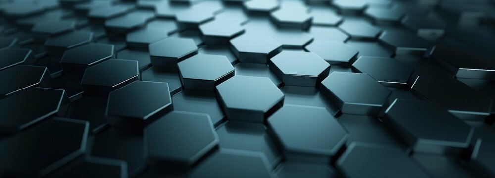 Abstract Hexagonal Pattern: A mesmerizing close-up showcases a repeating pattern of dark, interlocking hexagonal shapes, creating a sense of depth and geometric intrigue.