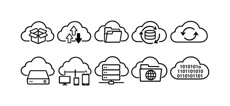 Collection of cloud computing icons representing data storage, transfer, and network services