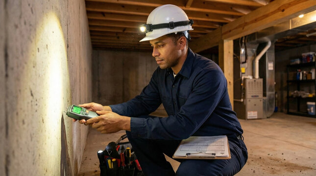 Construction worker inspecting wall with tool in basement environment  