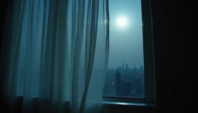 White sheer curtains flutter gently. Moon shines over city skyline seen through window. Dim room with ambient light creates mysterious atmosphere. Peaceful urban nightscape.
