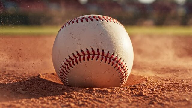 Closeup Baseball Hitting Infield Dirt and Flying Dust.