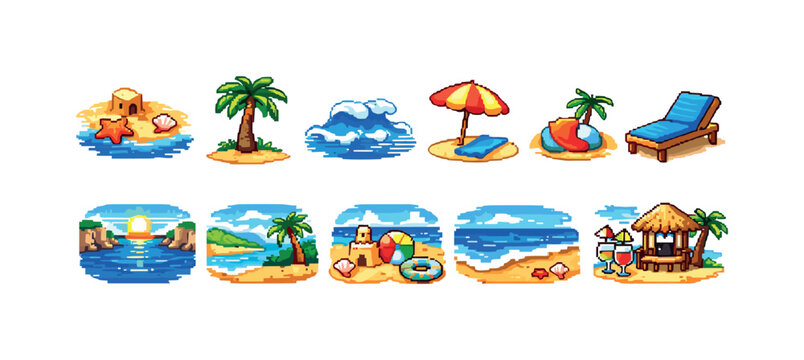 Pixel art beach icons collection for summer vacation and tropical paradise themes