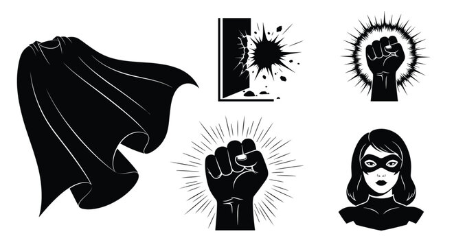 Silhouette icons related to superheroes including a flowing cape, a superheroine portrait, a powerful fist, and a wall being smashed.