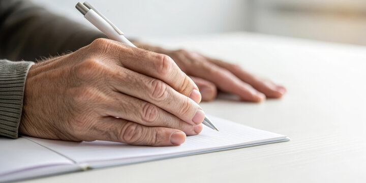 Elderly hand holding pen writing on paper close up natural light calm atmosphere senior person right hand striped sweater wooden desk focus on fingers thoughtful mood