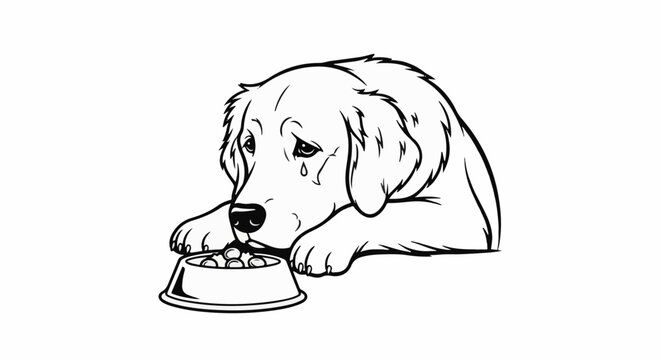 Sad dog with tear and empty food bowl, drawn in black and white outline