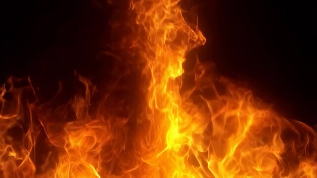 Dynamic flames dancing against a dark background. Captivating fire visuals for warmth, energy, and transformation in various media projects