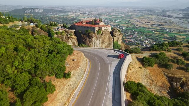 Aerial view of the Holy Monastery of Saint Stephen at Sunset, Meteora, Greece