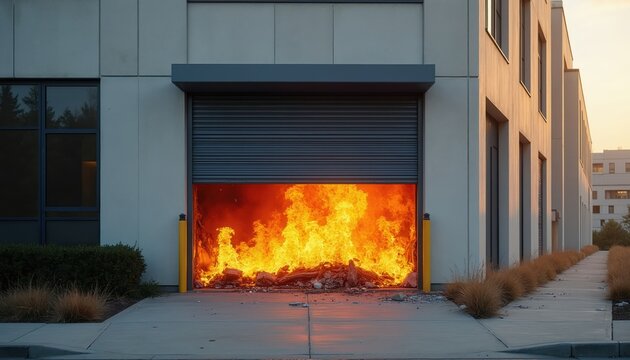 Commercial garage engulfed in intense flames. Firefighters combat intense blaze at warehouse. Orange inferno consumes structure, emitting thick black smoke, threatening nearby property. Emergency