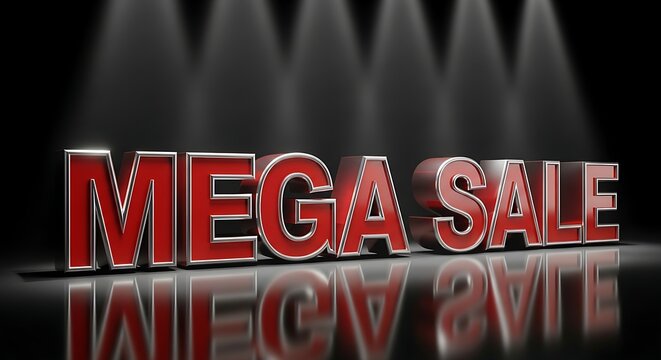 Mega sale sign with red letters on black background with spotlights