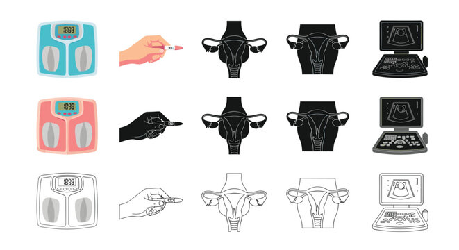 Grid of medical and health icons related to pregnancy including scales, pregnancy tests, reproductive organs, and ultrasound machines.