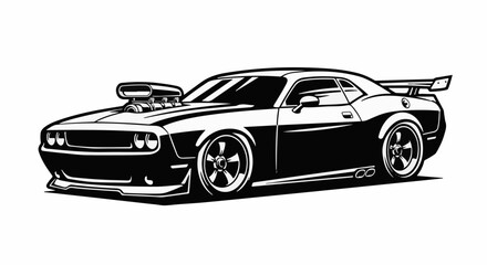Fototapeta premium Powerful muscle car with supercharger and spoiler, black and white illustration