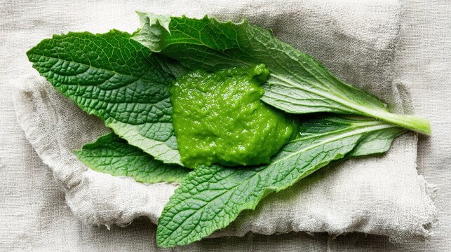 comfrey. Fresh green herbal paste on a linen cloth, a natural remedy prepared. lifestyle magazines, social media lookbooks, designed for influencer and brand collaborations.