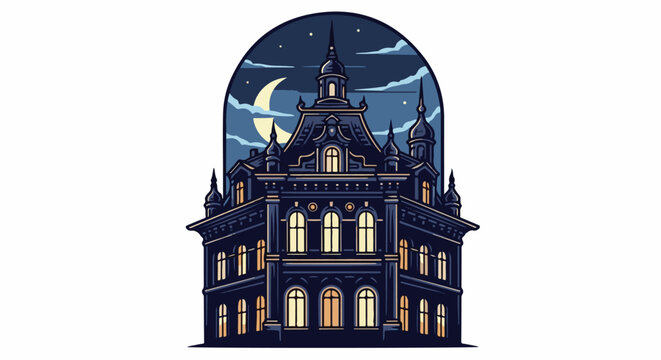 Pixel art haunted mansion under crescent moon and starry sky