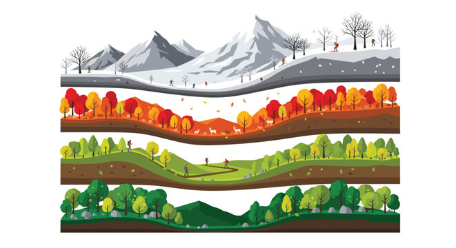 A layered landscape illustration depicts four distinct seasons: winter with snow-covered mountains, autumn with vibrant foliage, summer with rolling green hills, and spring with lu