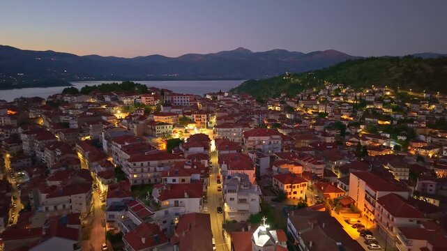 Kastoria City at Night and Lake Orestiada, Greece