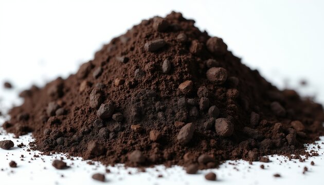 Pile of dark rich organic compost soil with small particles and clods. Nutrient dense earth mound isolated on clean white background for gardening and agriculture.