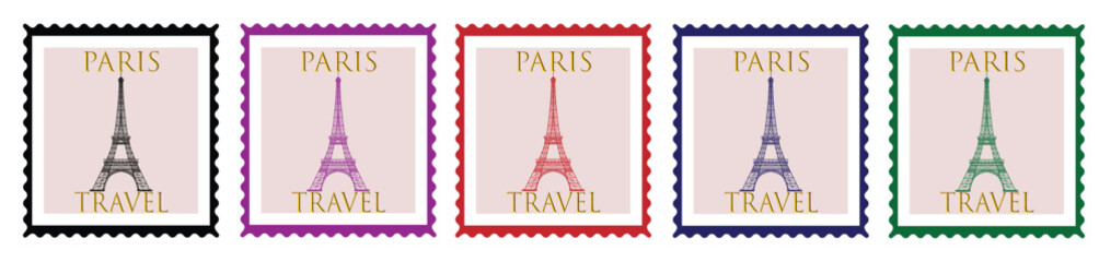 Paris Travel Stamps, a collection of five colorful vector postage stamps featuring the iconic Eiffel Tower, perfect for travel blogs and vacation planning.