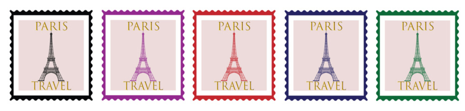 Paris Travel Stamps, a collection of five colorful vector postage stamps featuring the iconic Eiffel Tower, perfect for travel blogs and vacation planning.