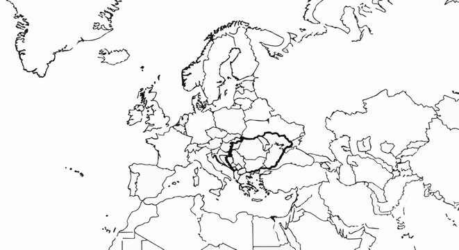Outline map of Europe and parts of Asia and Africa with highlighted Balkan region