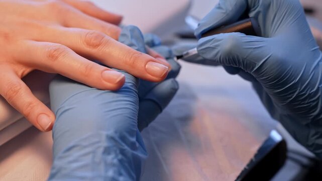 Close salon shot of a nail technician smoothing product on a nude fingernail with a flat brush, capturing controlled manicure finishing and precise professional hand care.