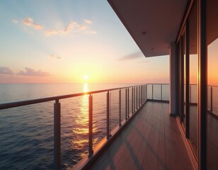 Obraz premium Balcony overlooks calm sea at sunrise. Warm golden sun illuminates ocean waves. Gentle morning light fills spacious terrace with reflective windows.