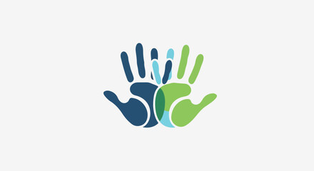 Fototapeta premium Overlapping handprints in blue, green, and teal on white background