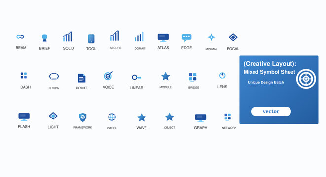 Blue modern web interface icons set in minimalistic flat design for software development and website design