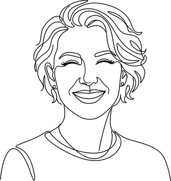 Sketch elegant of a smiling woman with short curly hair and a joyful expression