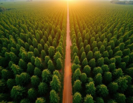 Expansive green eucalyptus plantation in Brazil seen from above. Rows of trees stretch to the horizon under warm sunset light. A dirt road cuts through the vast forest.