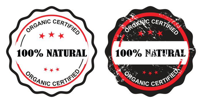 Organic Certified 100% Natural vector badges, a set of two round black and red natural product labels, ideal for eco-friendly packaging and healthy lifestyle branding