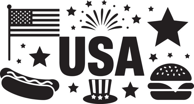 Black and white of American flag hot dog burger Uncle Sam hat stars and fireworks