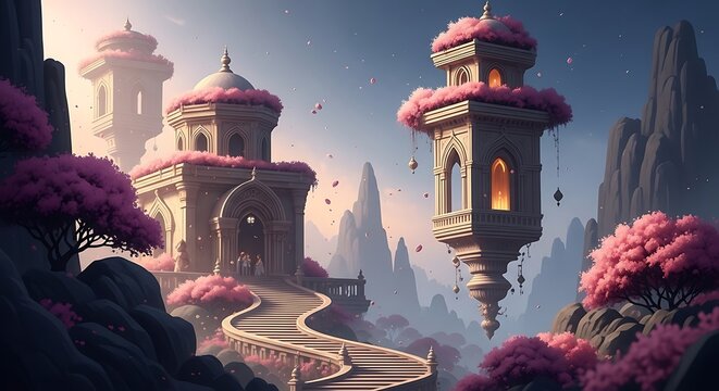 Fantasy temple with floating towers and a winding path in a dreamy sky