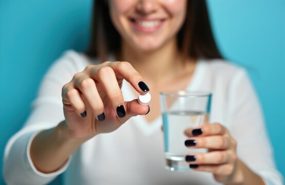 Woman holds white pill and glass of water. She smiles and prepares to take medication for health. Blue background focuses on hand holding medicine.