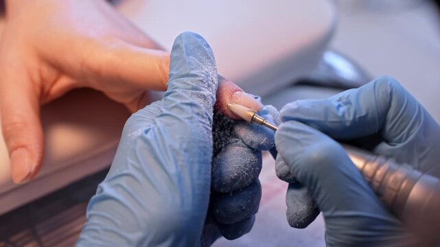 Close salon shot of a nail technician refining a natural thumbnail with an electric file, capturing dust, precise manicure prep, and professional nail care workflow.