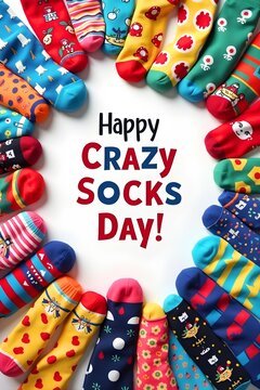 Cheerful Crazy Socks Day illustration featuring circular arrangement of patterned socks with stripes, hearts, flowers, cartoon motifs, and central festive text highlighting celebration