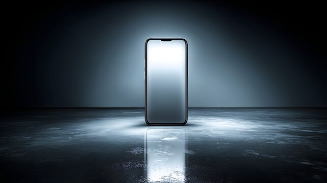 Versatile UI mockup: Blank smartphone screen on dark floor with strong backlight