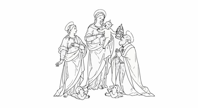Religious figures with infant and cherubs in a classic artistic depiction