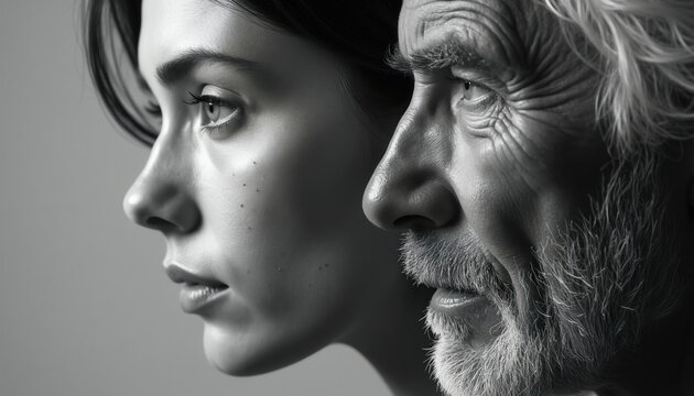 Young woman, old man profiles side by side contrast. Close up on faces showing skin texture, age differences. Monochromatic studio shot of youth versus wisdom, comparing life stages, human connection.