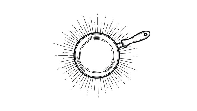 Stylized hand drawn illustration of a frying pan from a top down view with radiating sunburst lines behind it on a white background.