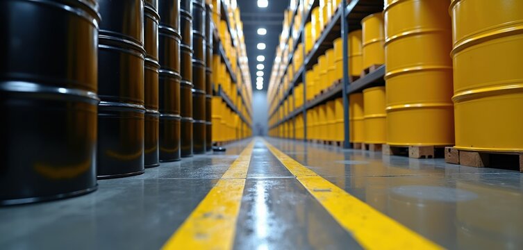 Rows of black and yellow barrels fill a large warehouse storage facility. Industrial containers hold liquids on shelves. Manufacturing plant scene with logistics and supply chain elements.