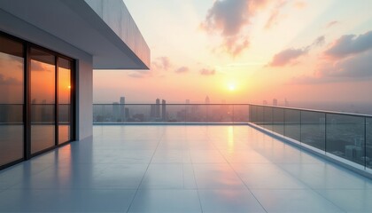 Obraz premium Empty modern rooftop terrace at sunset overlooking cityscape. Wide balcony with glass railing provides panoramic urban view. High rise buildings glow in warm light.