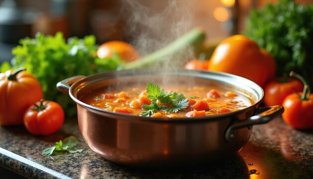 Steaming pot of hearty vegetable soup rests on granite countertop with fresh produce. Warm ambient light creates a cozy, inviting home cooking atmosphere, perfect for comfort food.