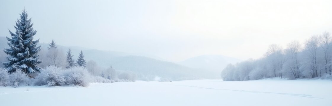 Snow covered pine trees and bushes stand silent. Frozen landscape with misty hills in background. Clear winter day with bright sky and soft light.