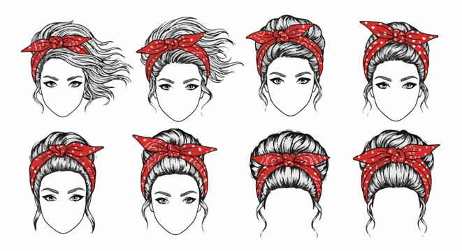 Retro-style female portraits with red polka dot bandanas and varied hairstyles