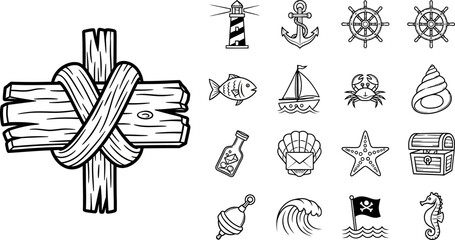 Fototapeta premium Nautical and pirate anchor, lighthouse, ship wheel, treasure chest, pirate flag