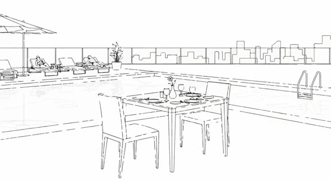 Rooftop pool area with lounge chairs, a dining table set for two, and cityscape in background