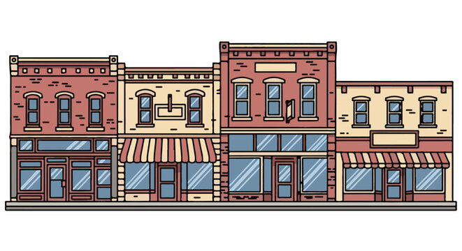 Row of diverse brick buildings with awnings and large windows